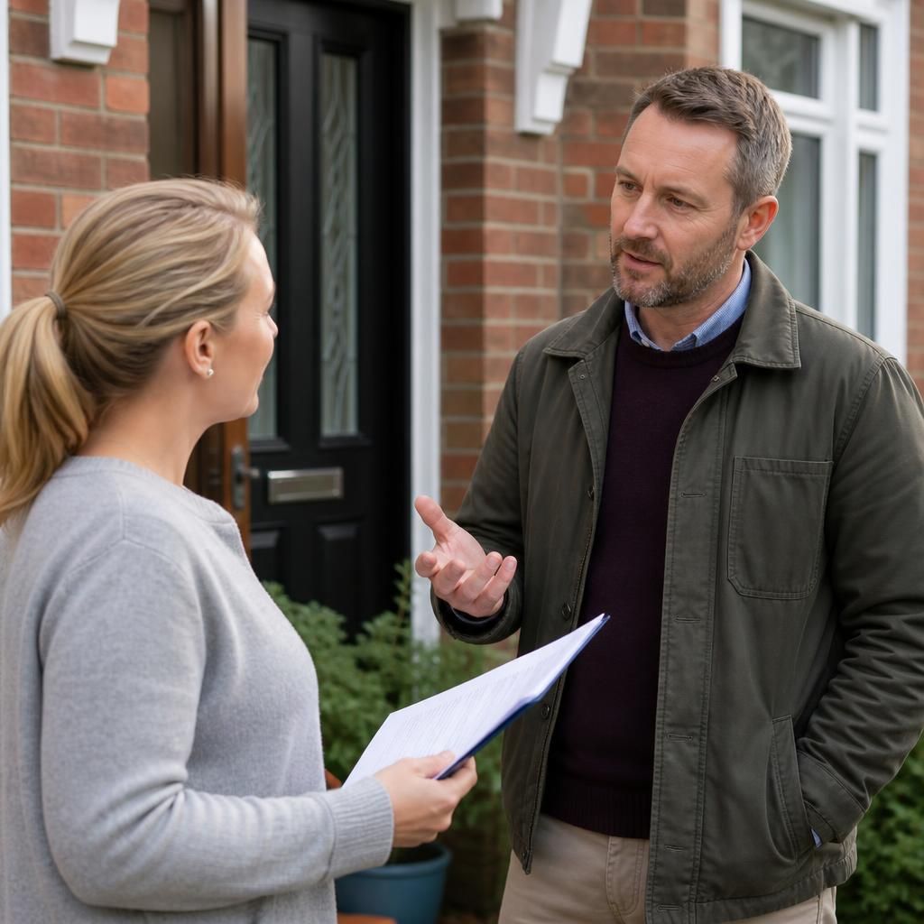 Tenant discussing fostering permission with a landlord outside a rented home