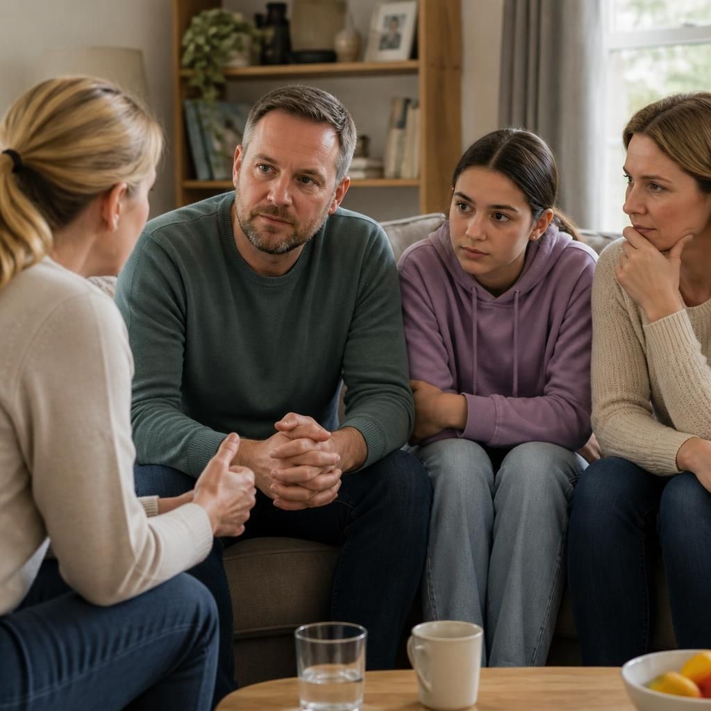 Foster carer speaking with household members at home