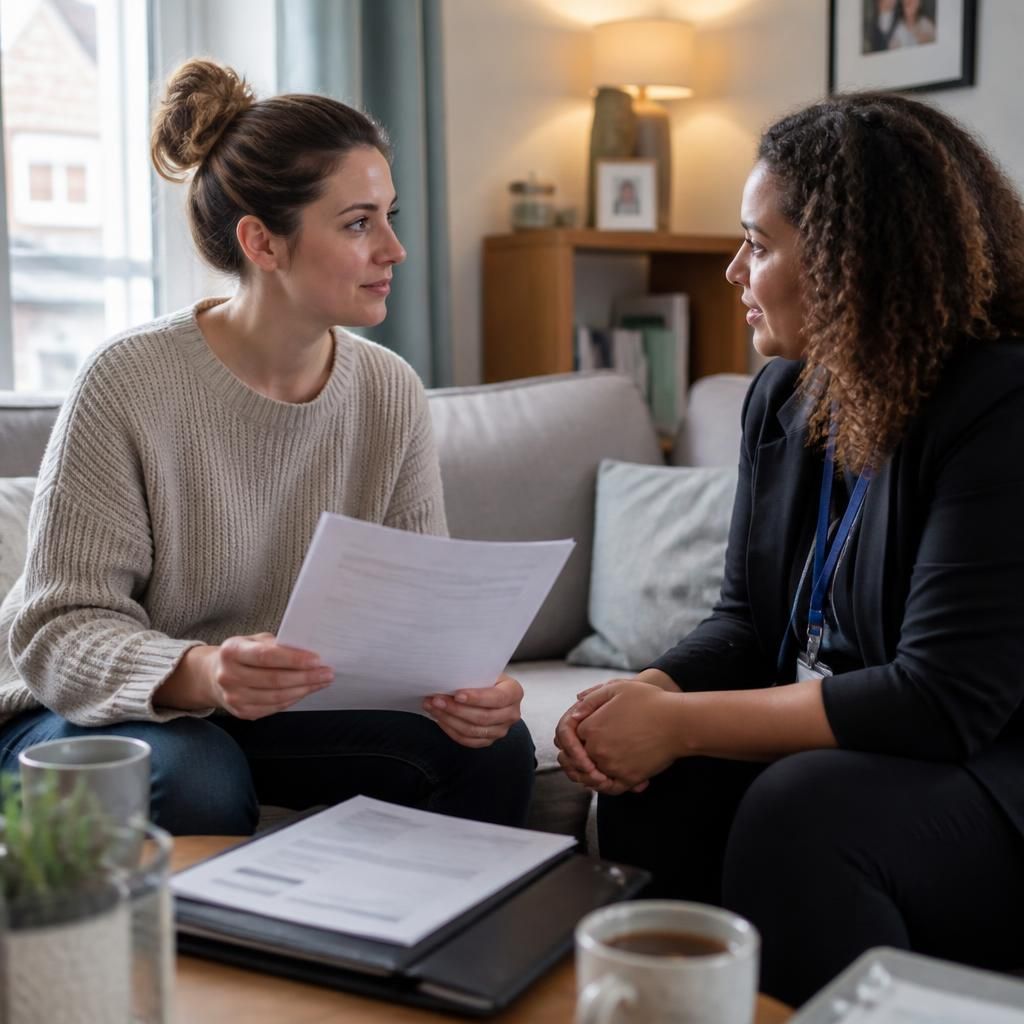 Single parent discussing fostering documents with a social worker at home