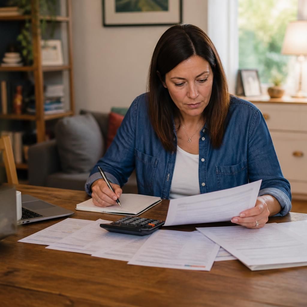 Foster carer reviewing household budget documents with a calculator