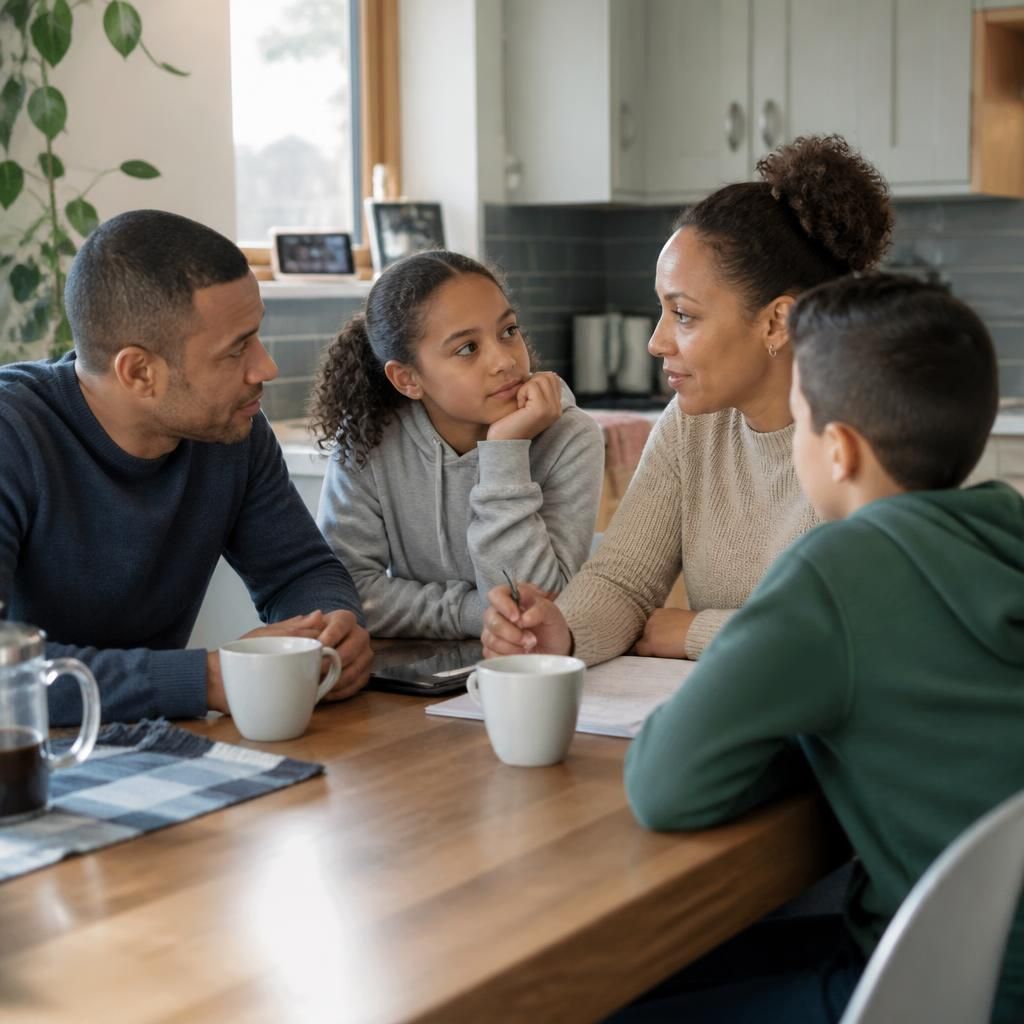 Parents and children discussing fostering around a kitchen table