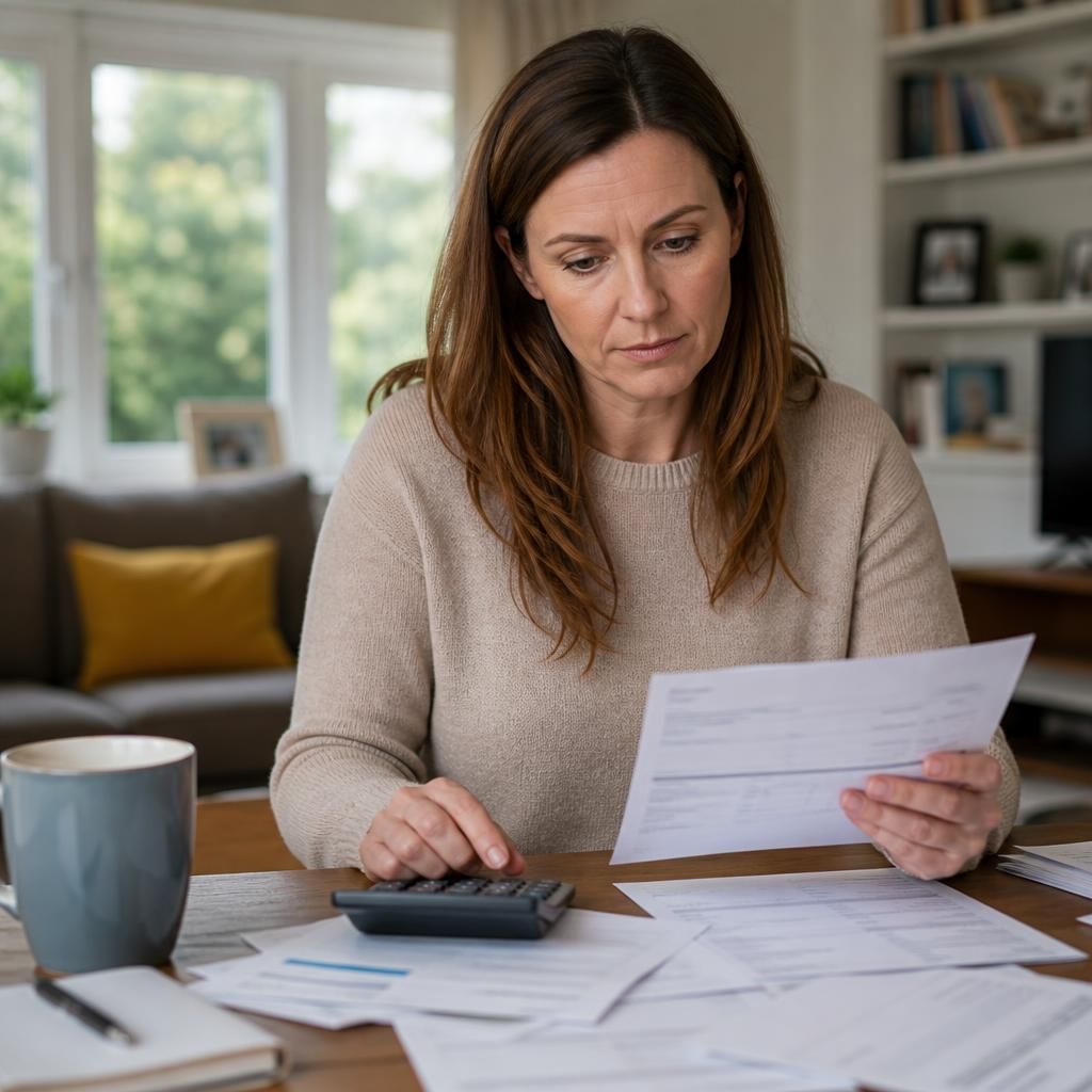 Foster carer reviewing payment records and tax documents at a table