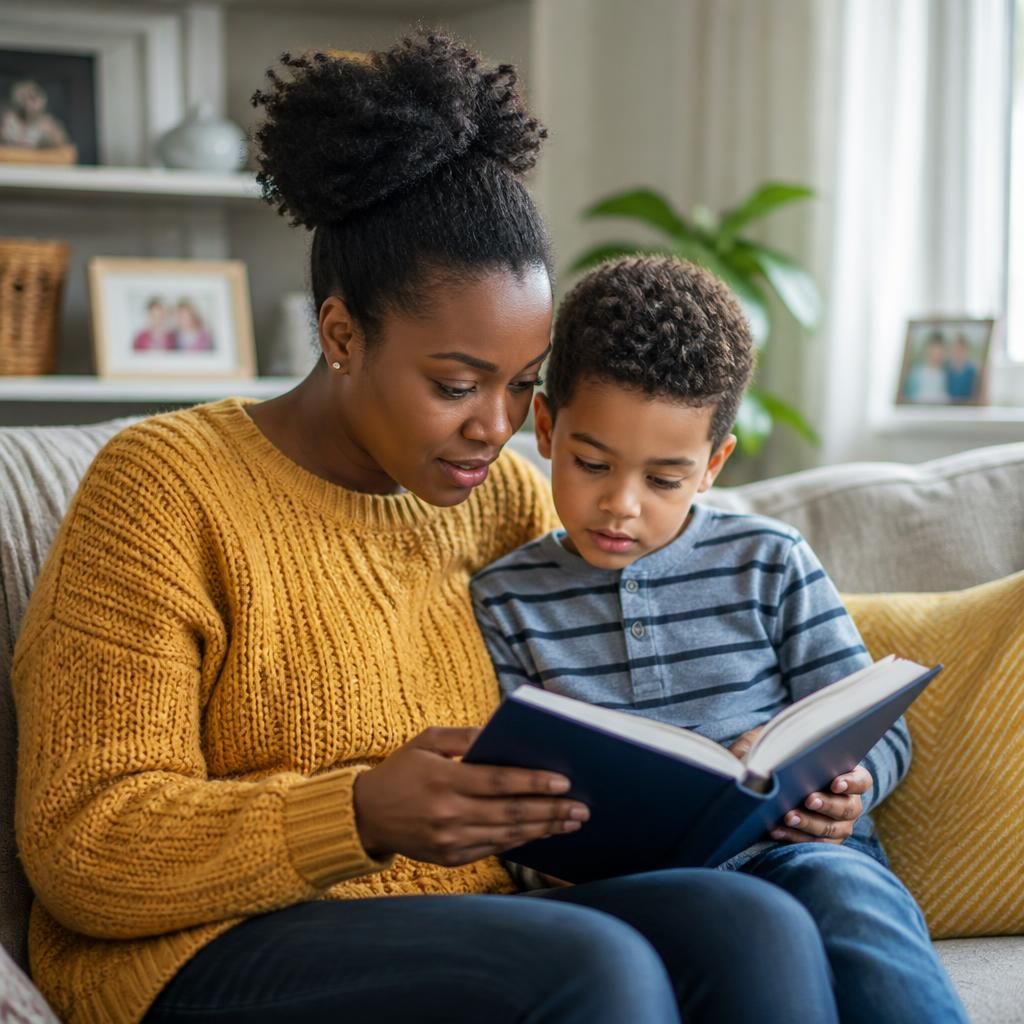 Adult and child reading together at home