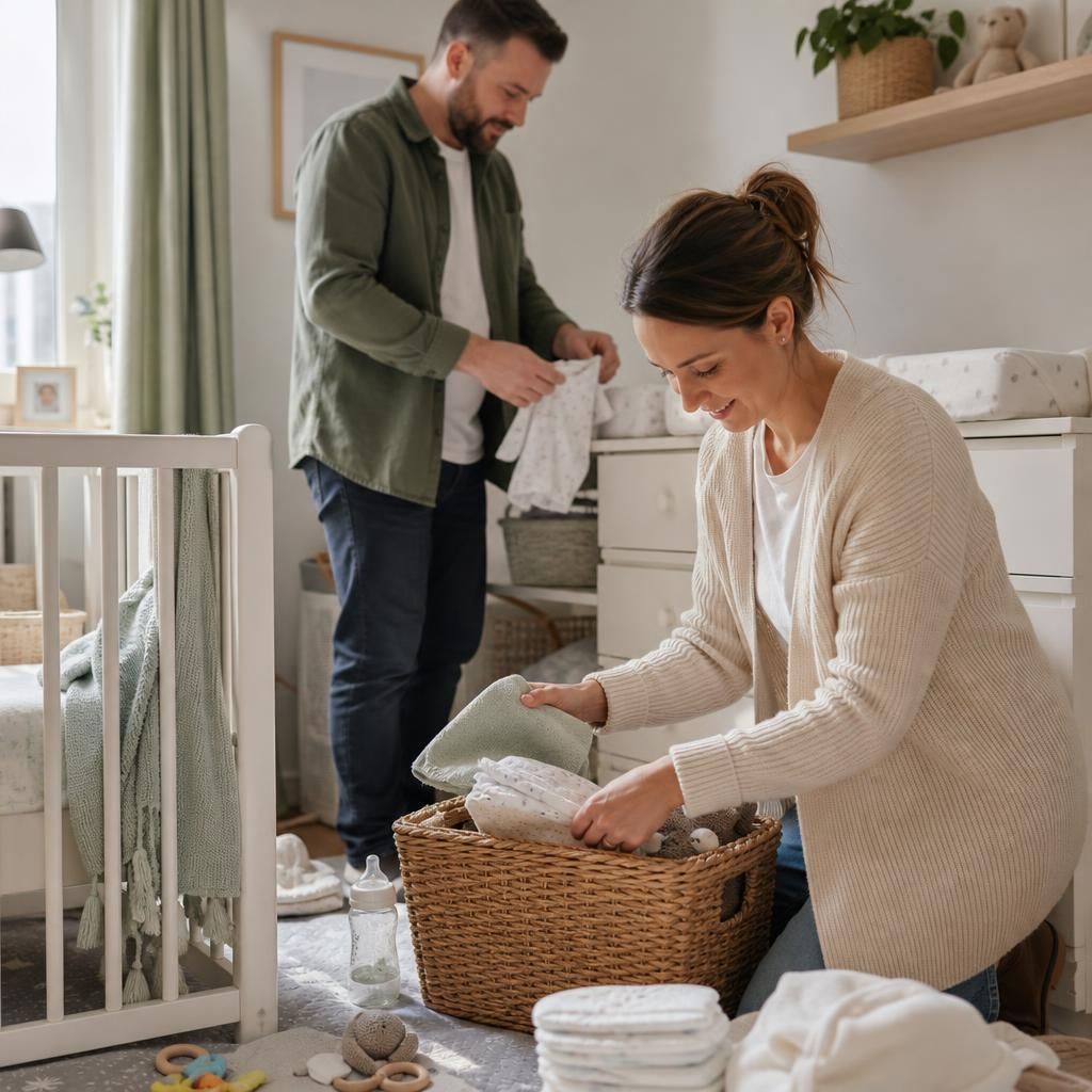 Foster carers preparing baby supplies and organising a daily routine at home