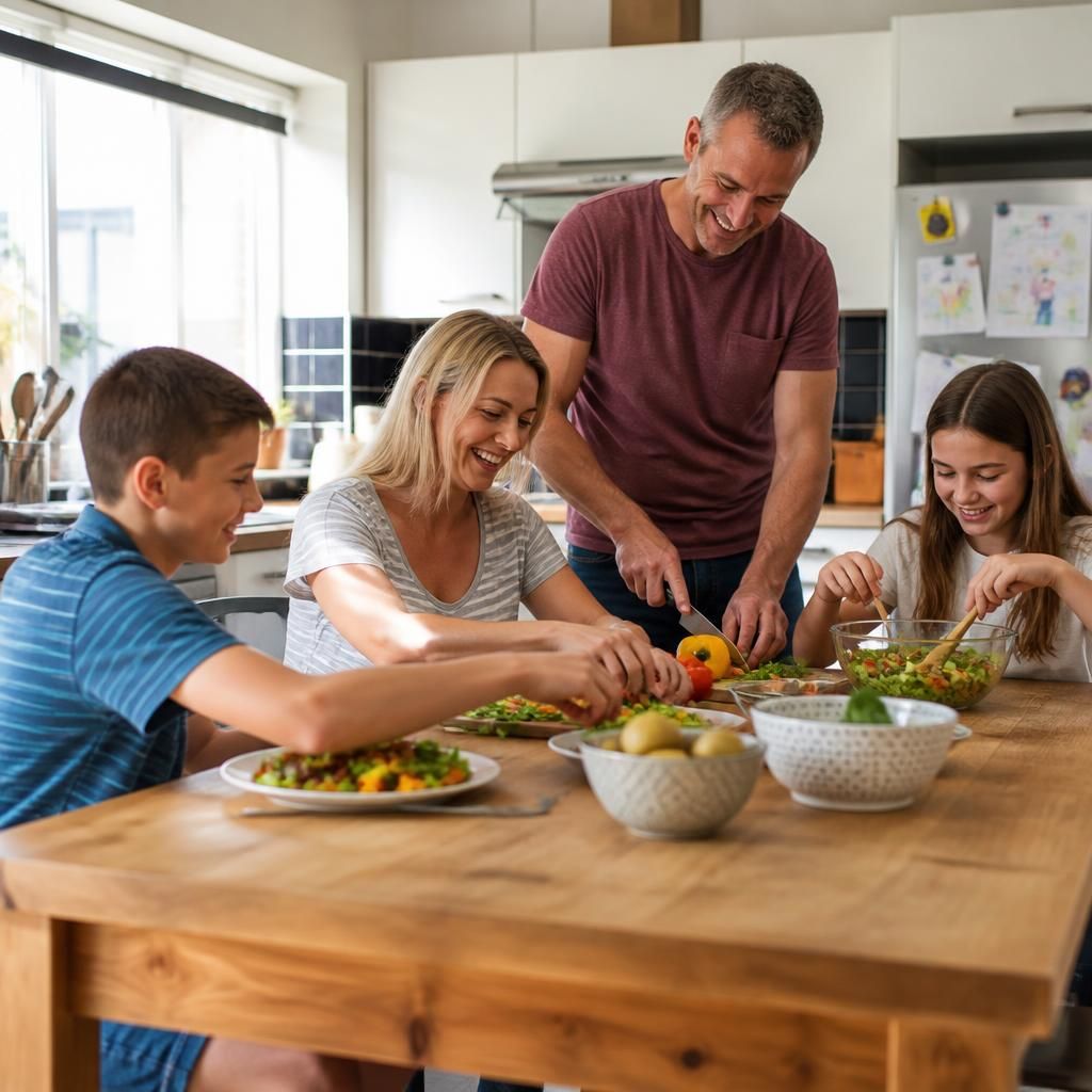 Foster family preparing a meal together at the kitchen table