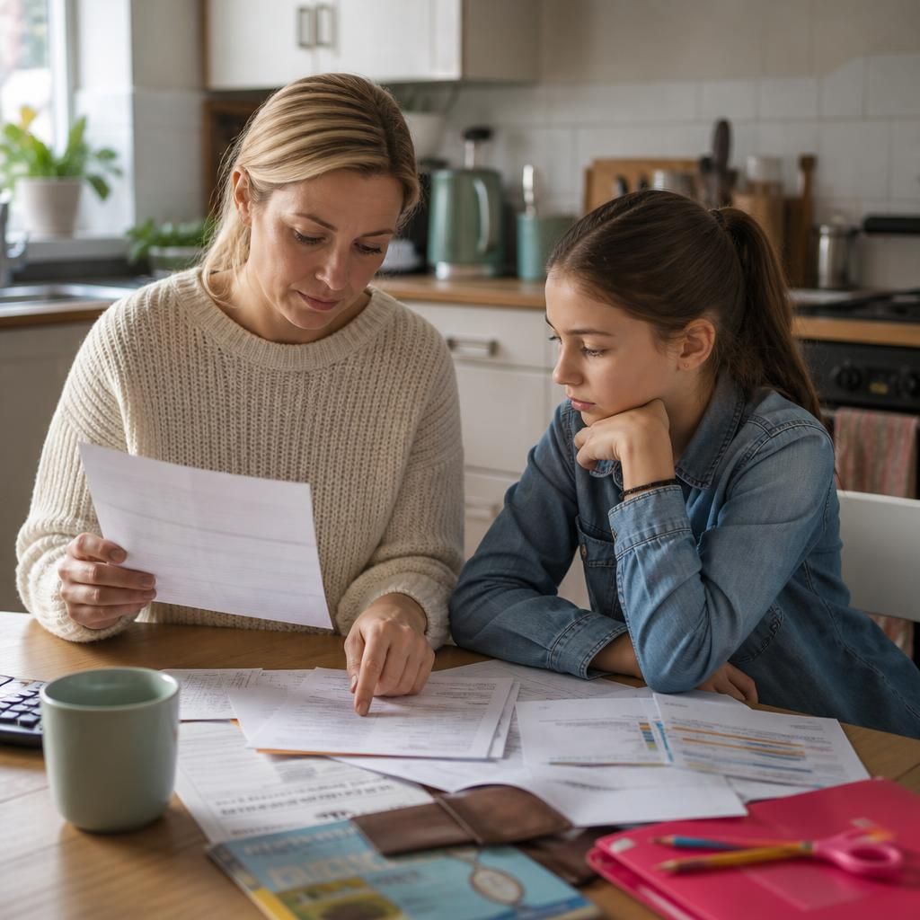 Foster carer reviewing household bills and a child’s school expenses at a kitchen table