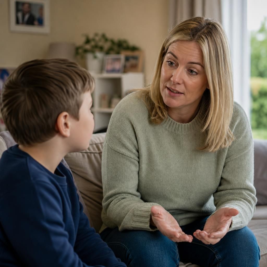 Foster carer talking with a child in a family home