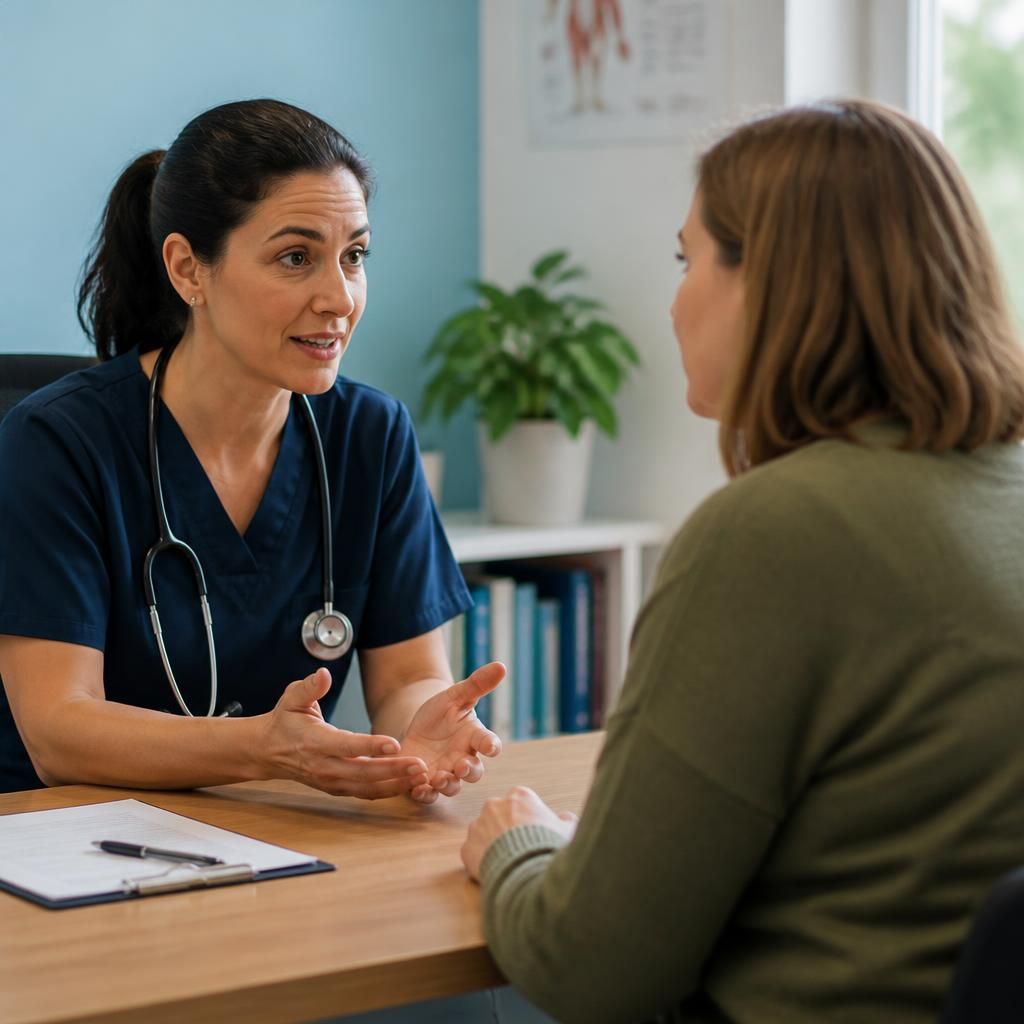 Person discussing accessibility needs with a healthcare professional during a medical assessment