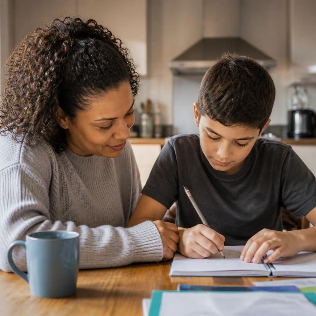 Foster carer and child completing homework together at a kitchen table