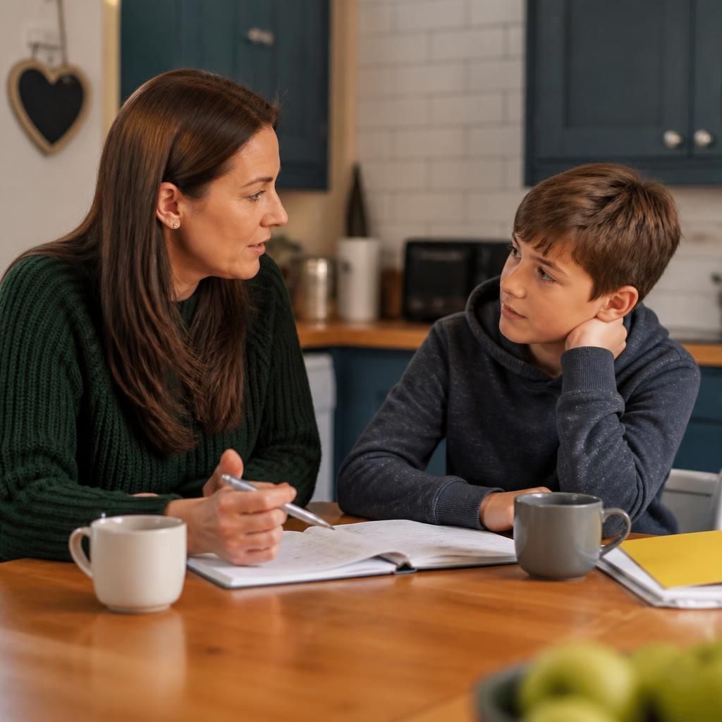 Foster carer and child discussing plans at a kitchen table