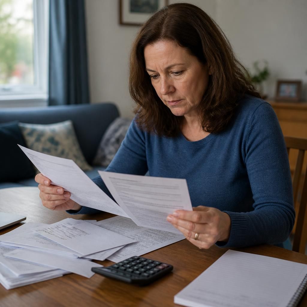 Person reviewing official letters and household financial documents
