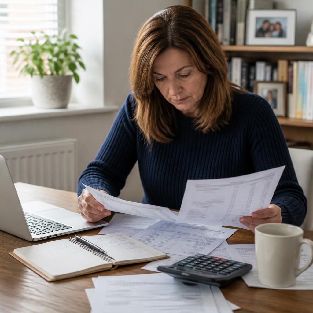 Foster carer reviewing pension statements and fostering payment records at a desk
