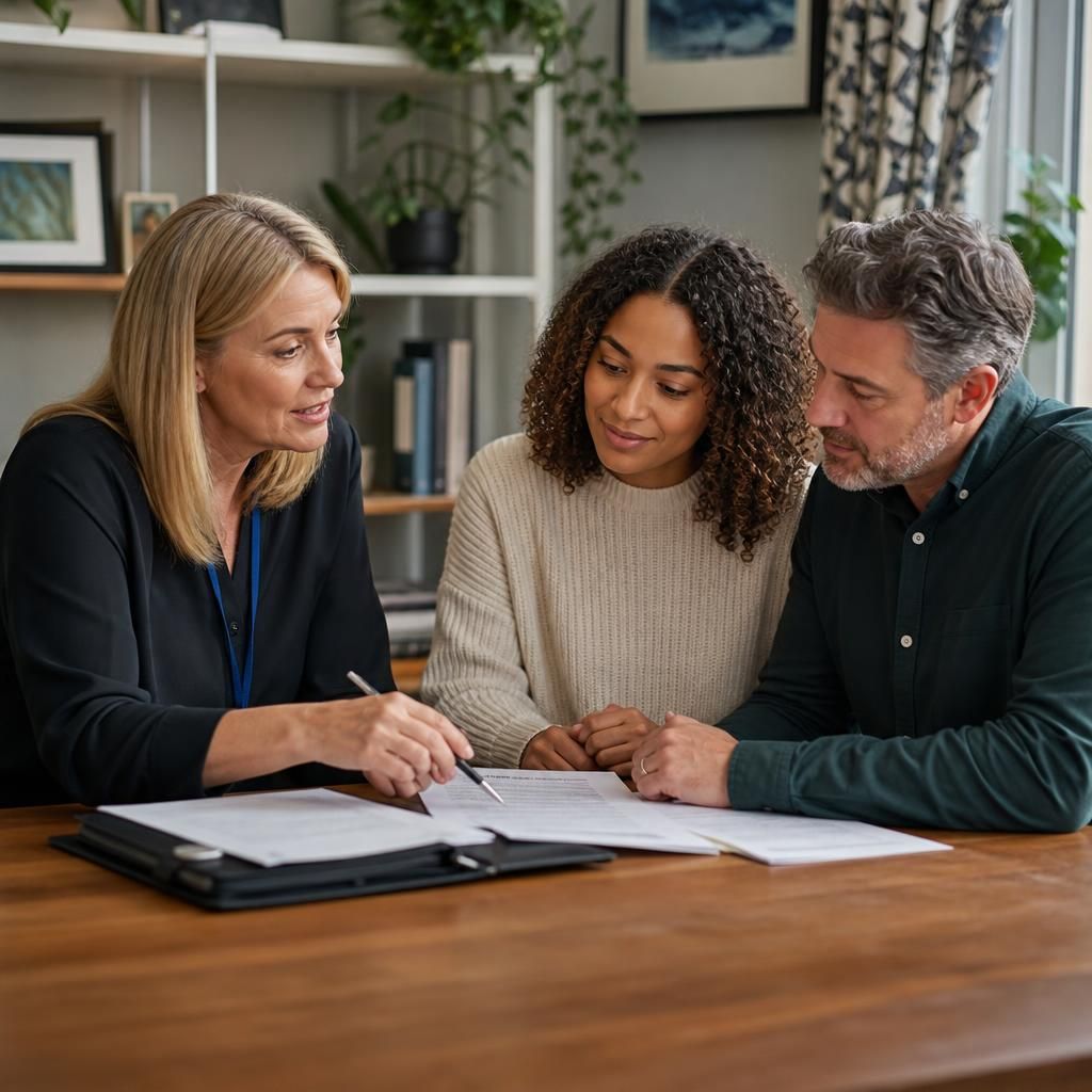 Prospective foster carers discussing application paperwork with a support worker