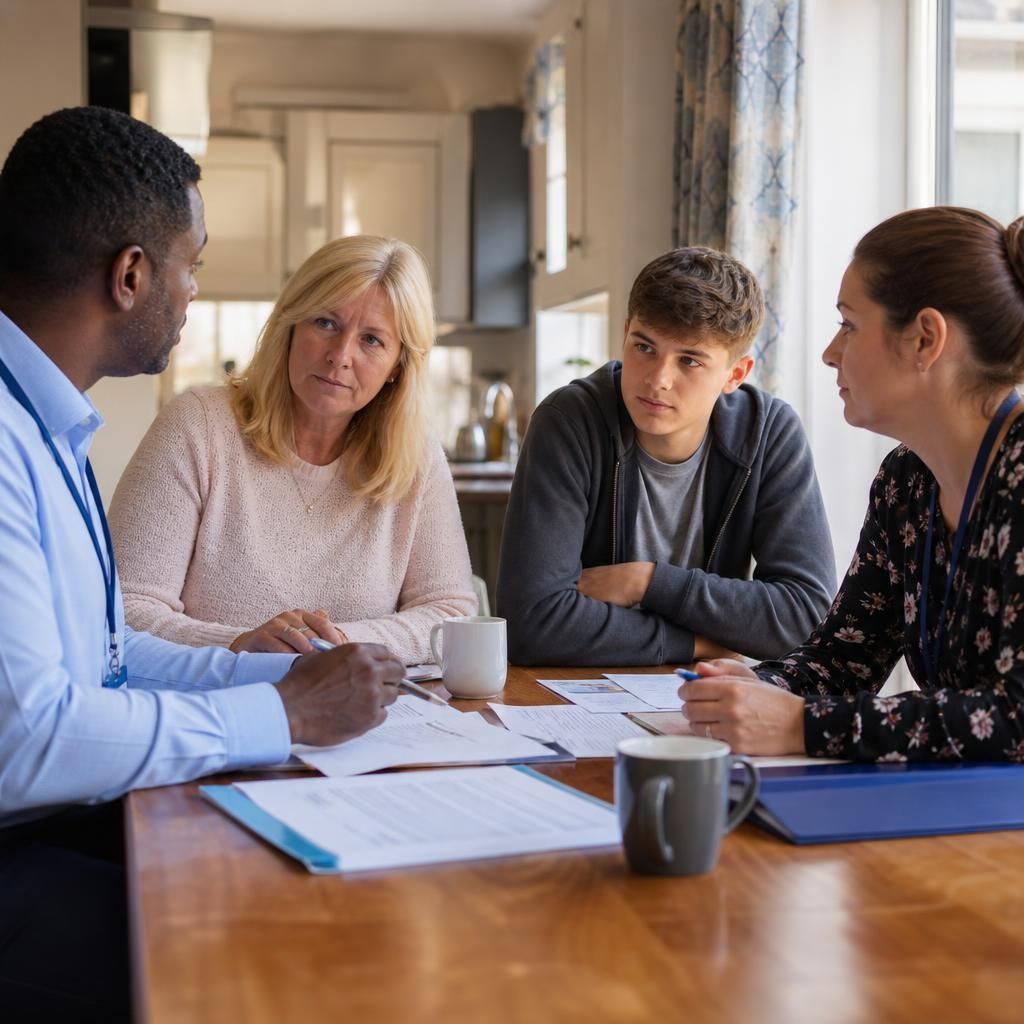 Young person, foster carer and professionals reviewing a Staying Put agreement around a table