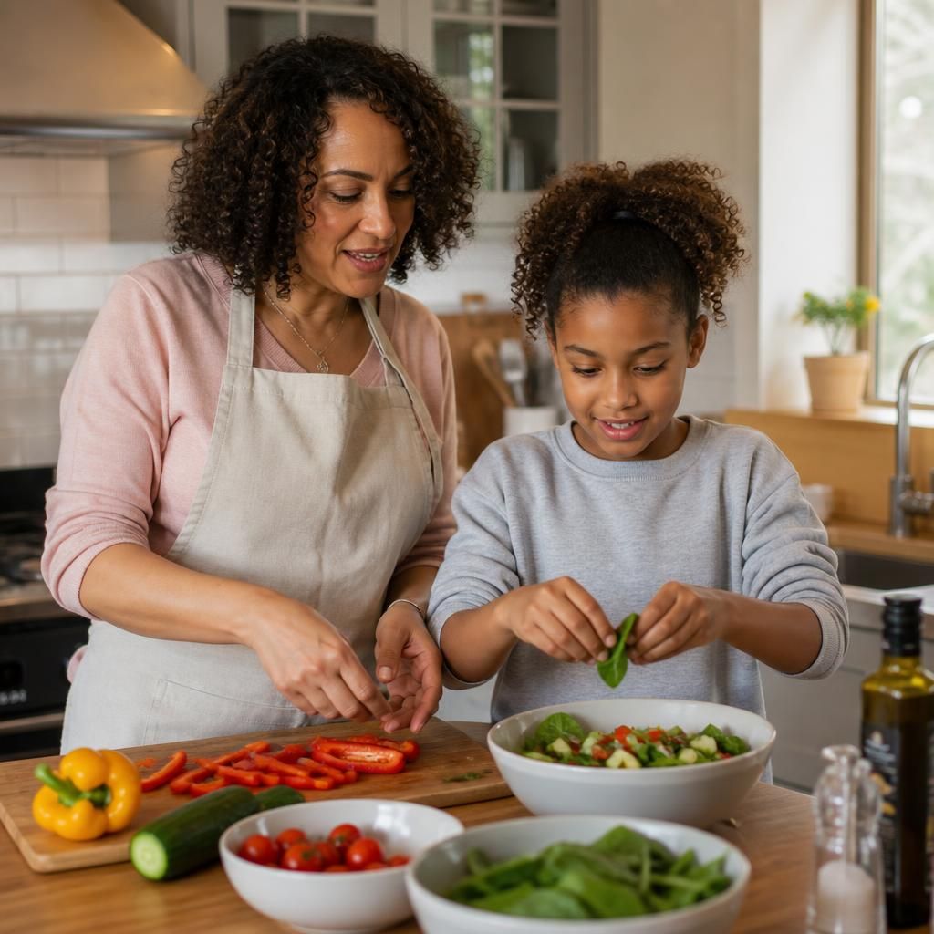 Foster carer and child preparing a meal together in a family kitchen