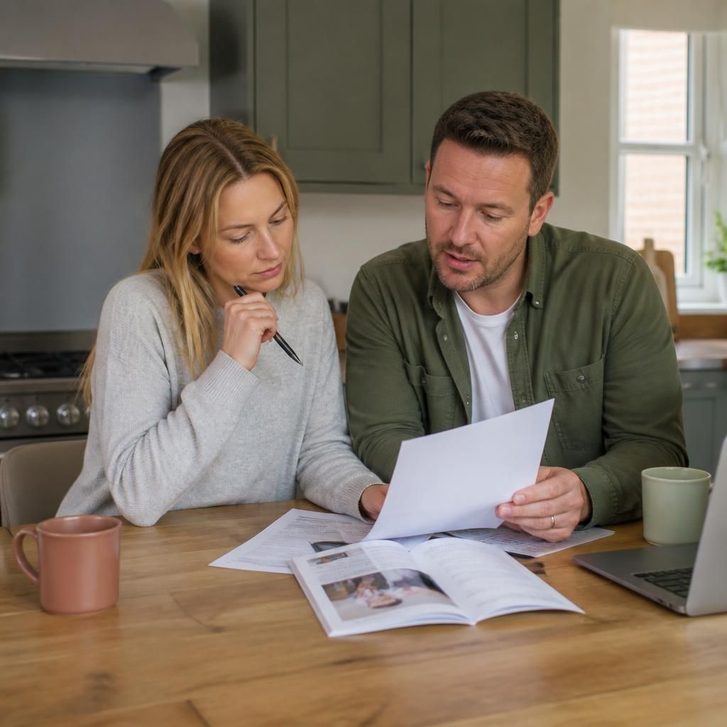 Couple reviewing fostering information and paperwork at a kitchen table