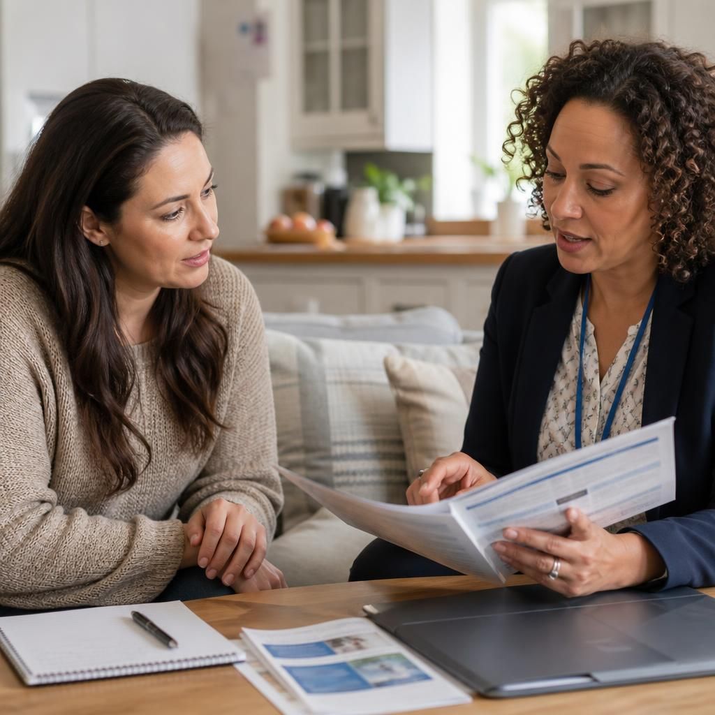 Foster carer reviewing training materials with a social worker