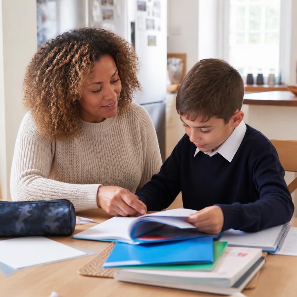 Foster carer helping a child organise school books and homework at a table