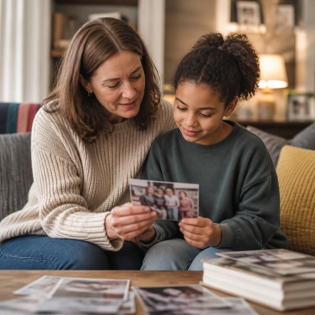 Foster carer and child looking at family photographs together