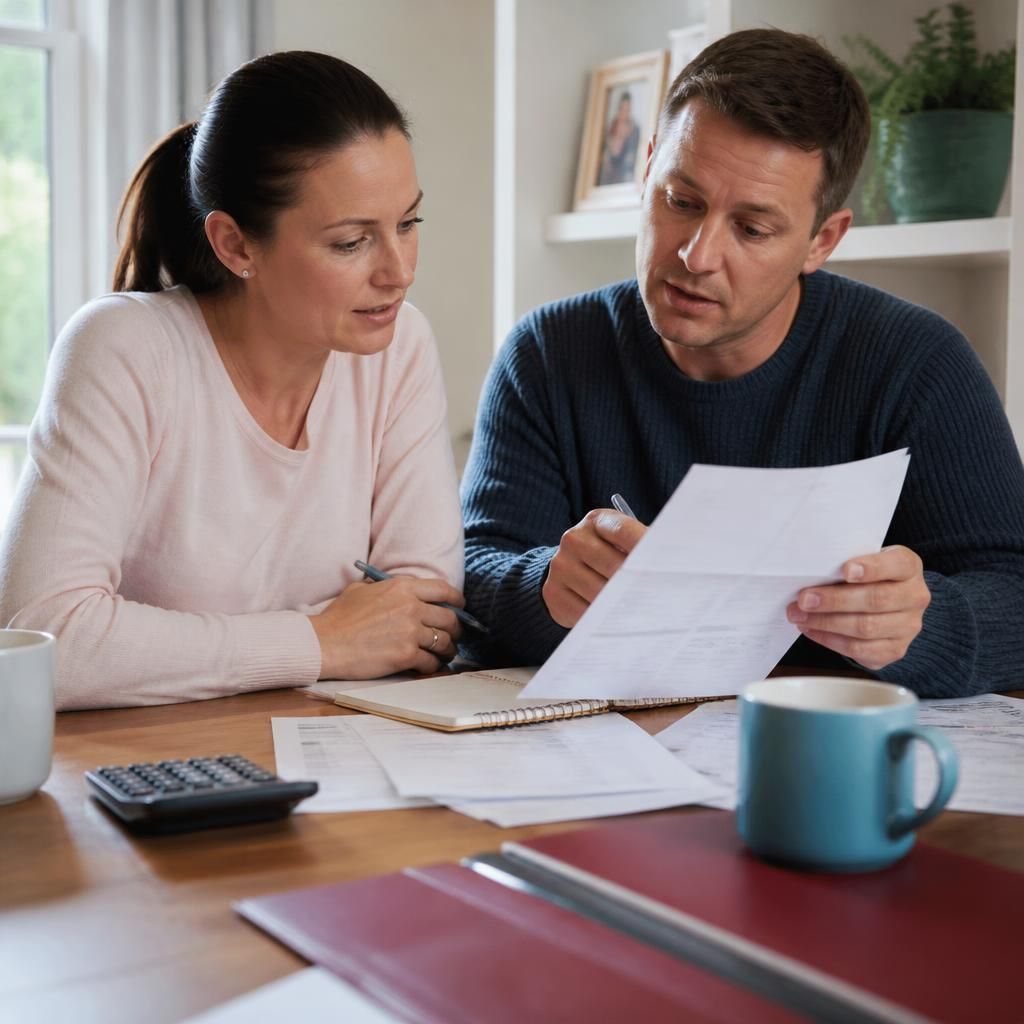 Foster carer and child’s parent reviewing household expenses at a table