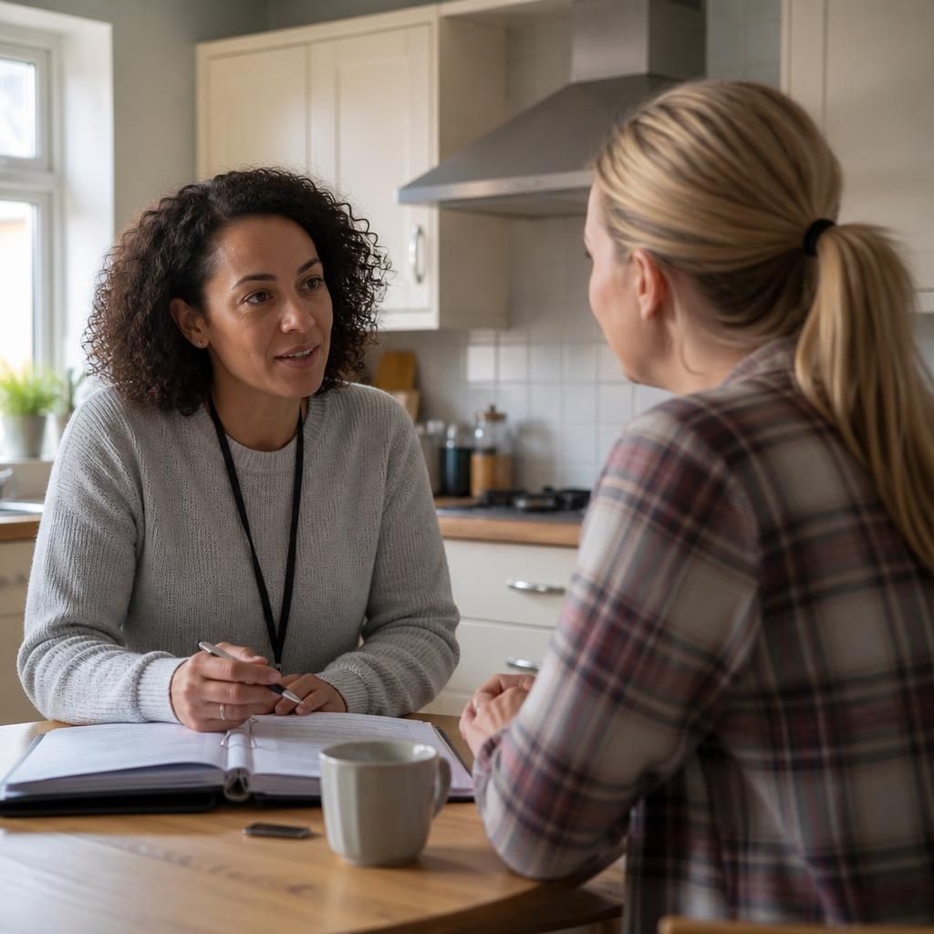 Foster carer talking with a social worker at a kitchen table