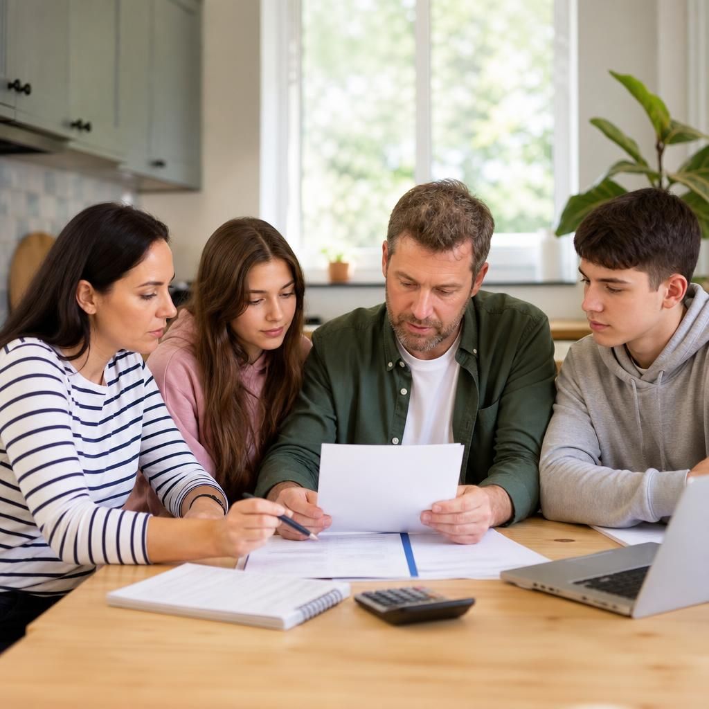 Family members reviewing fostering documents together at a kitchen table