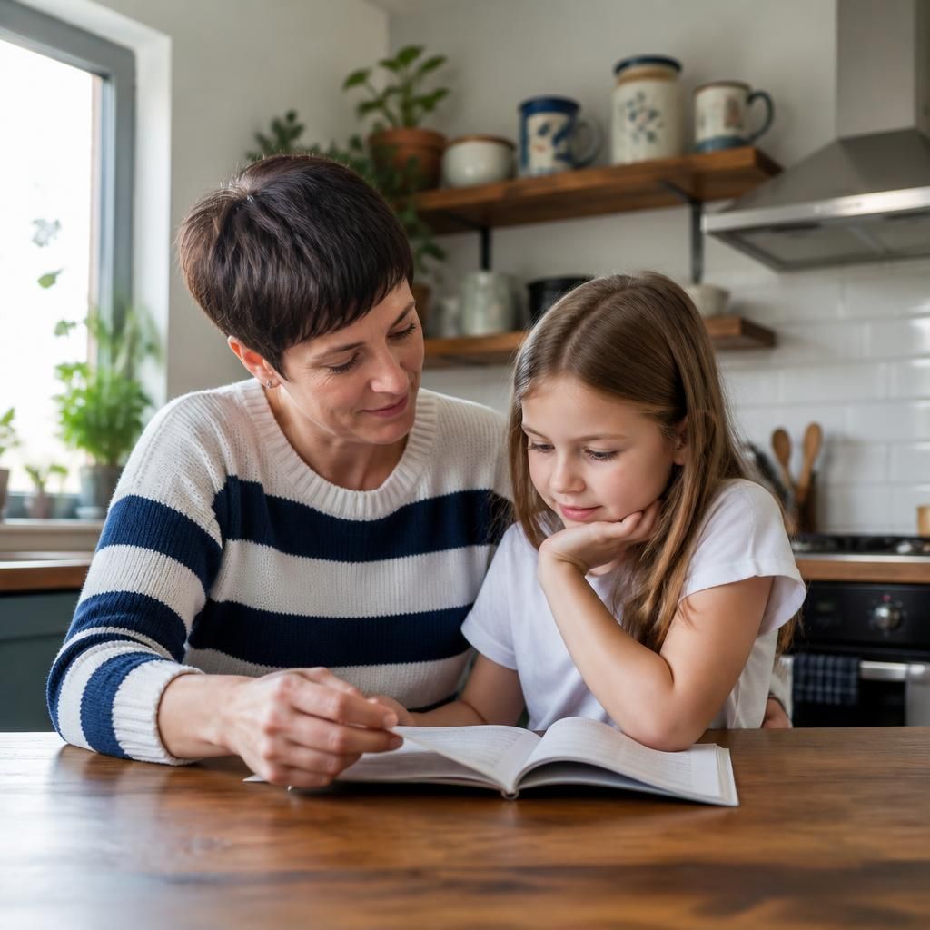 Foster carer and child reading together at a kitchen table