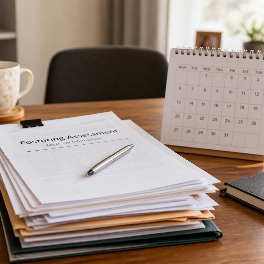 Fostering assessment documents beside a calendar and pen