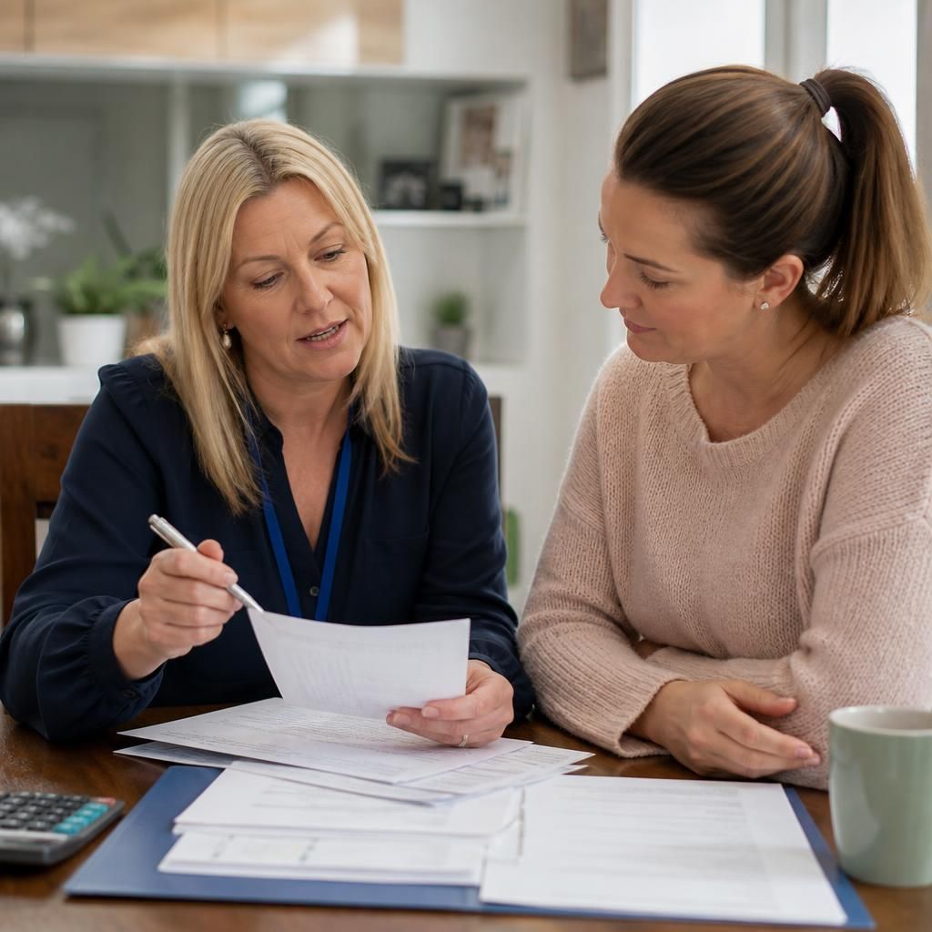 Foster carer reviewing payment paperwork with a social worker