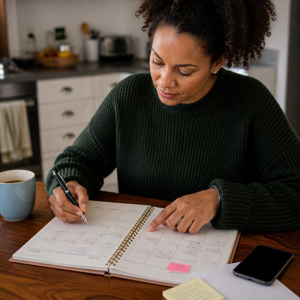 Single parent reviewing a weekly planner with school and appointment notes