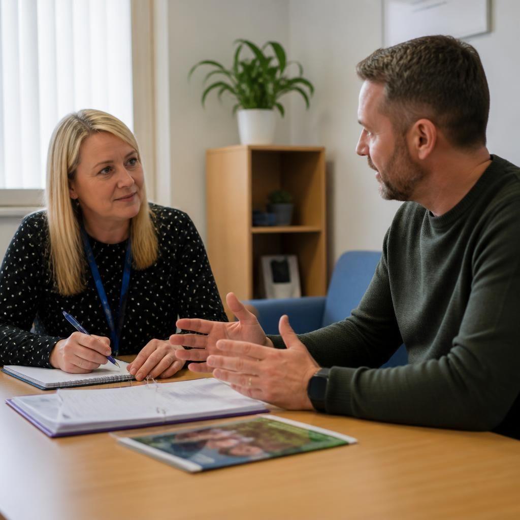 Foster carer and social worker discussing a child’s care plan at a meeting