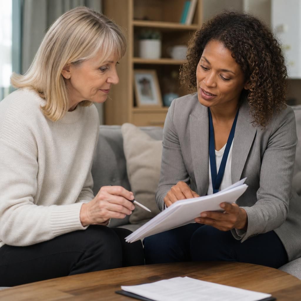 Foster carer discussing placement notes with a social worker