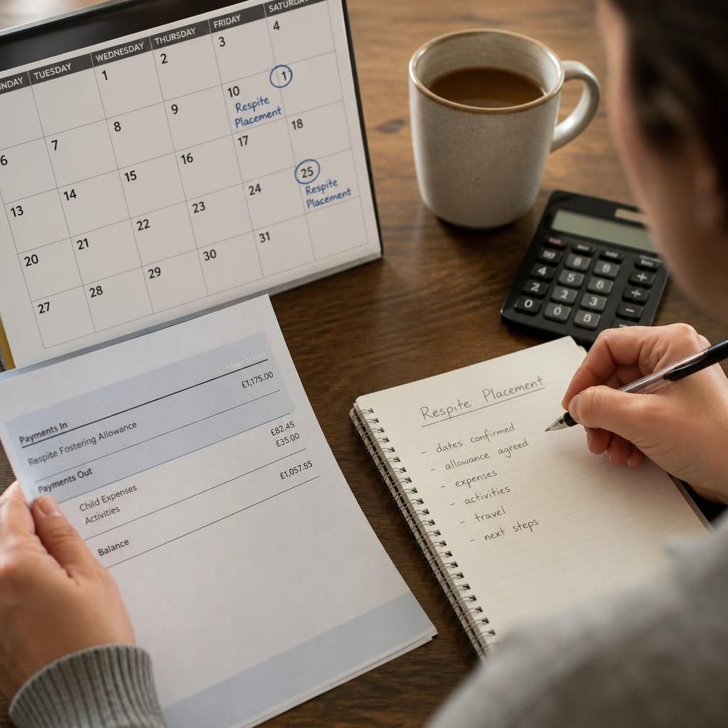 Calendar, payment statement and notes for a respite foster placement