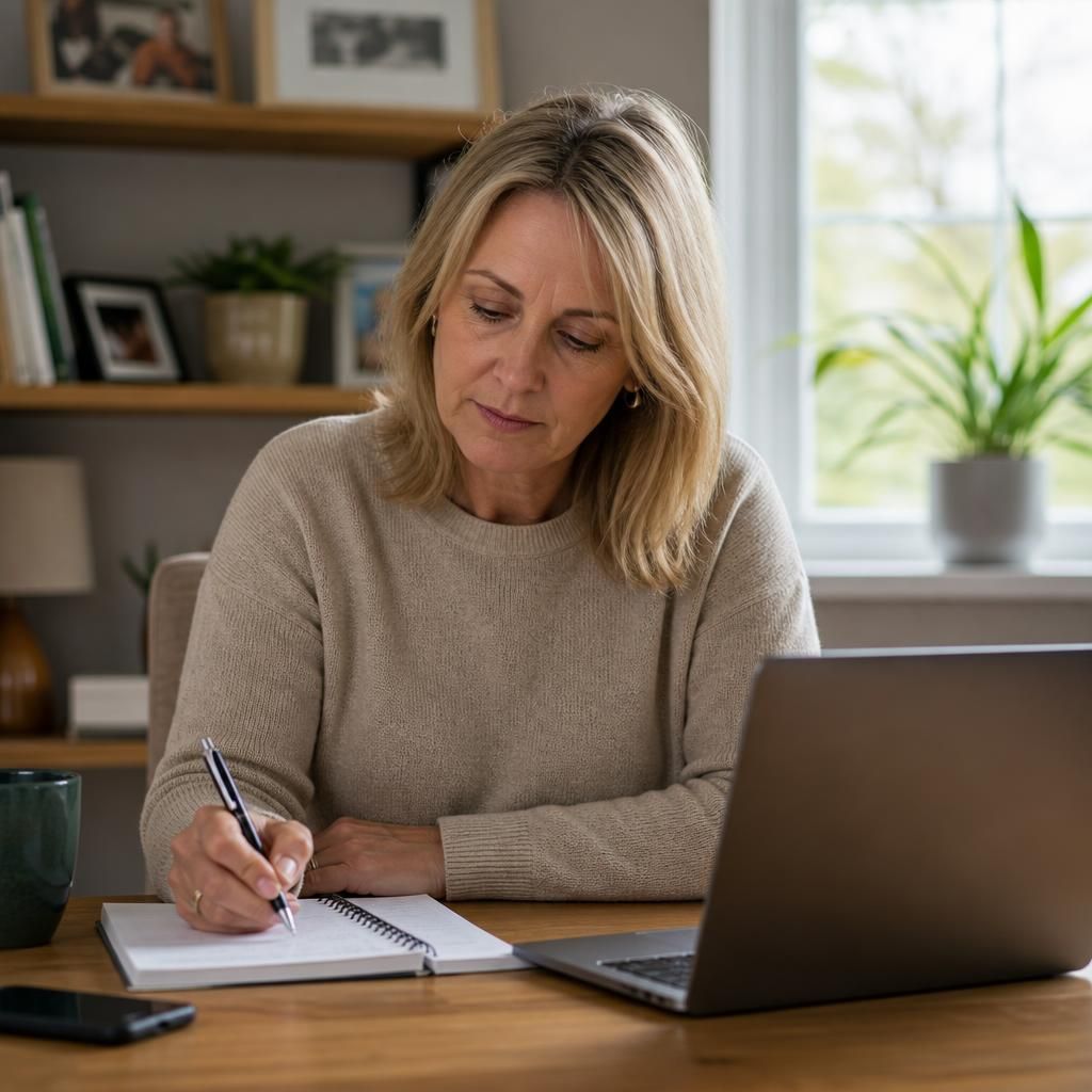 Foster carer completing training with notes and a laptop