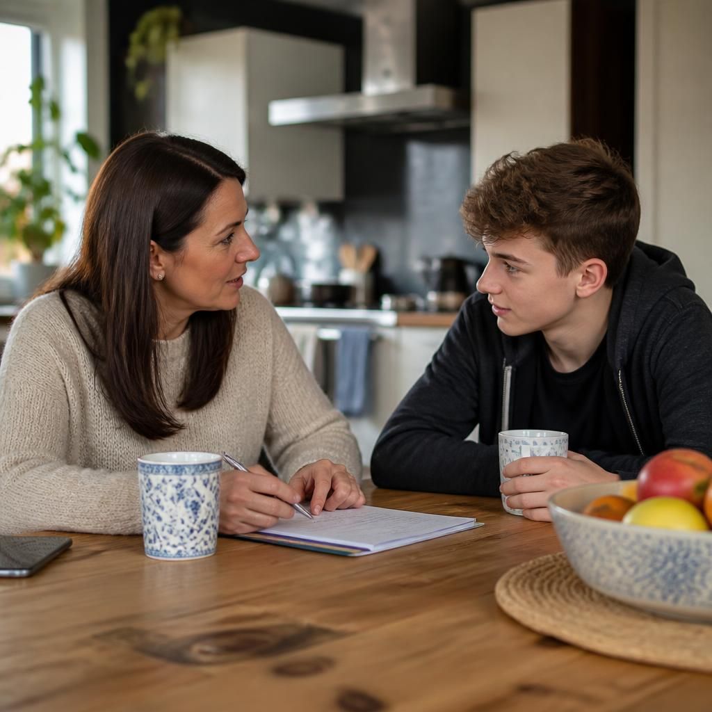 Foster carer discussing plans with a teenager at a kitchen table