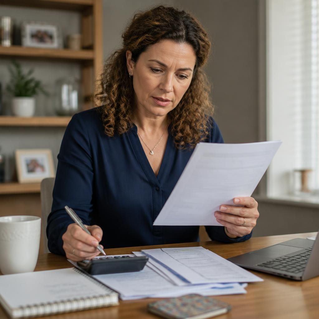 Foster carer reviewing pension paperwork and household finances at a table
