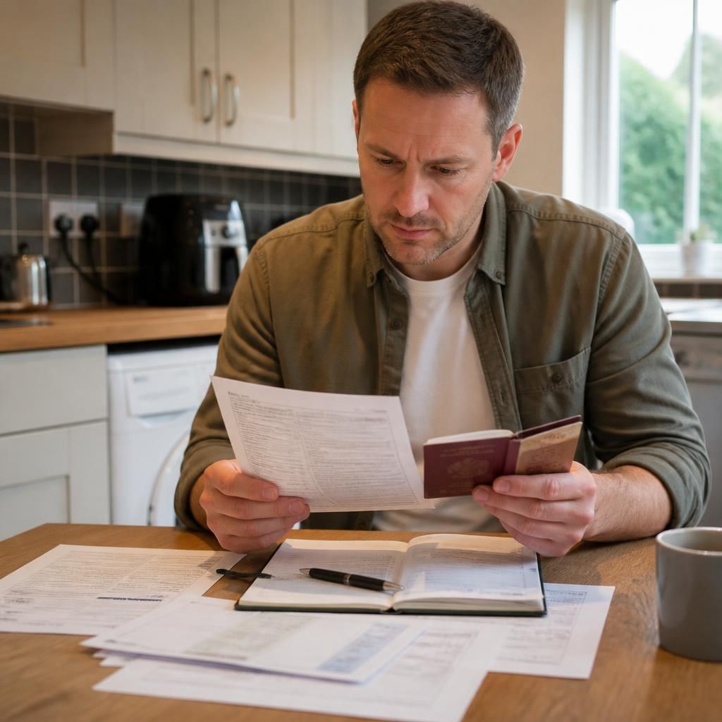 Foster carer reviewing identity documents and application paperwork at a table