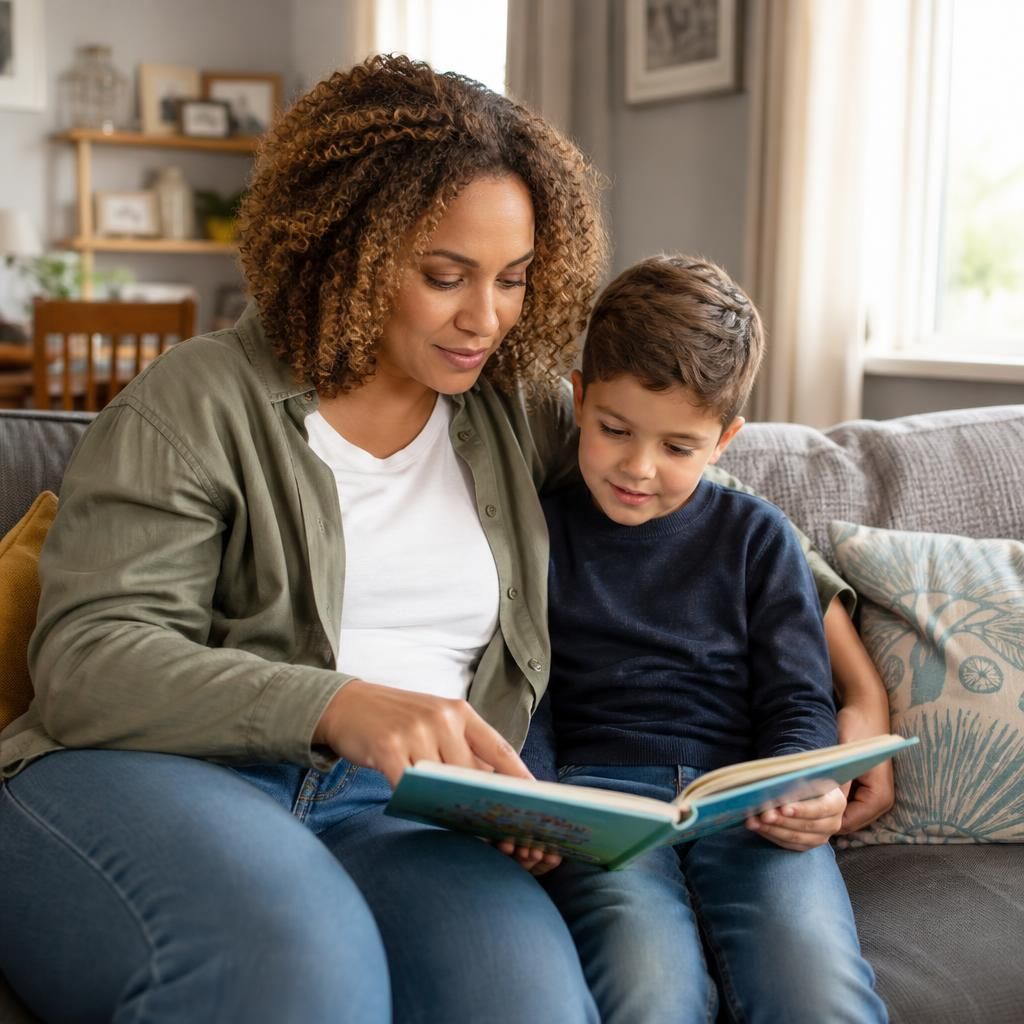 Foster carer and child reading together at home