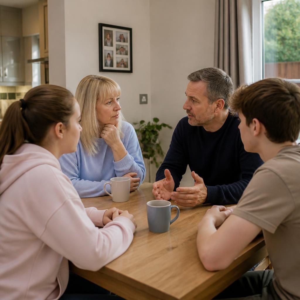 Family members talking together at home around a table