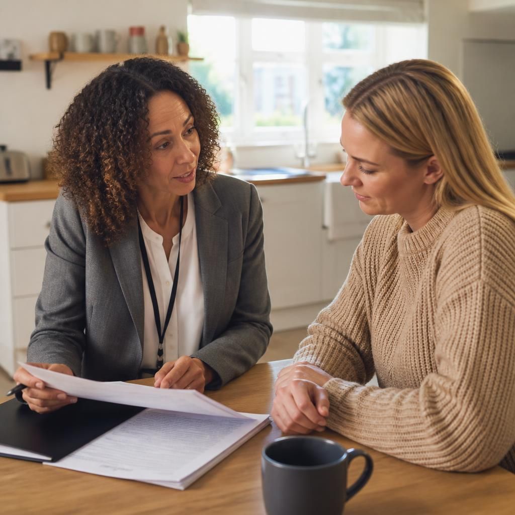 Social worker discussing fostering paperwork with a prospective foster carer