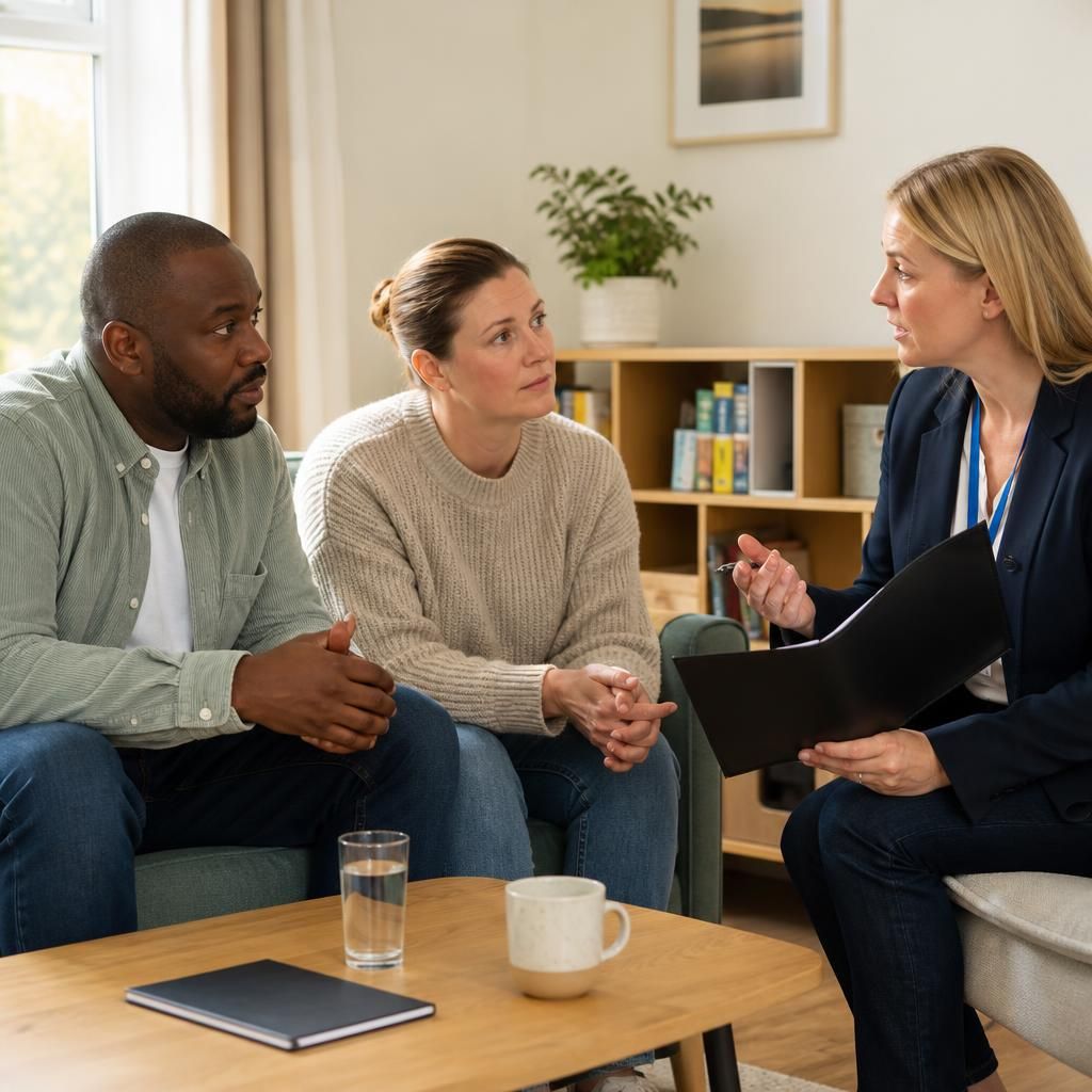 Foster carer discussing a child's care plan with a social worker