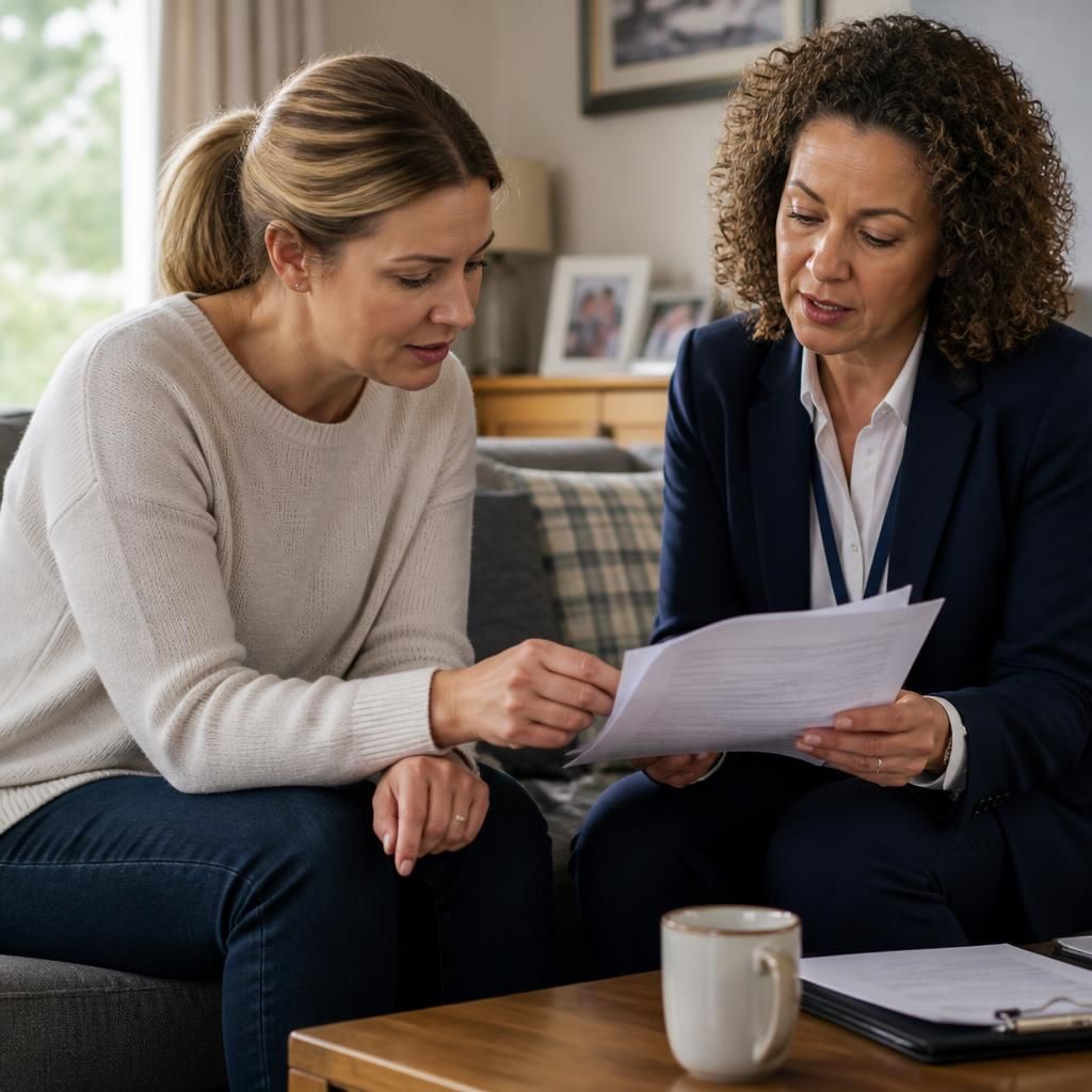 Foster carer reviewing assessment paperwork with a social worker at home