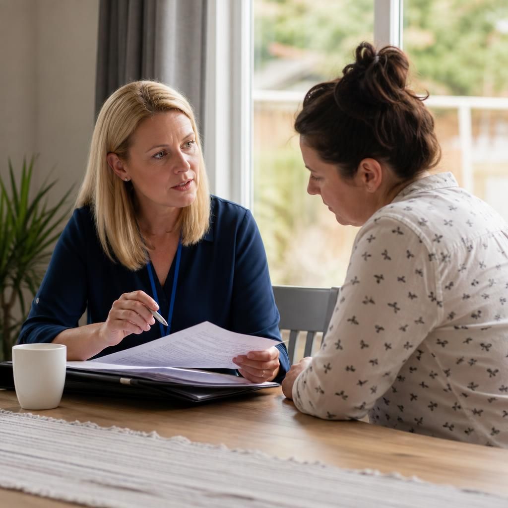 Foster carer discussing assessment paperwork with a social worker at a table