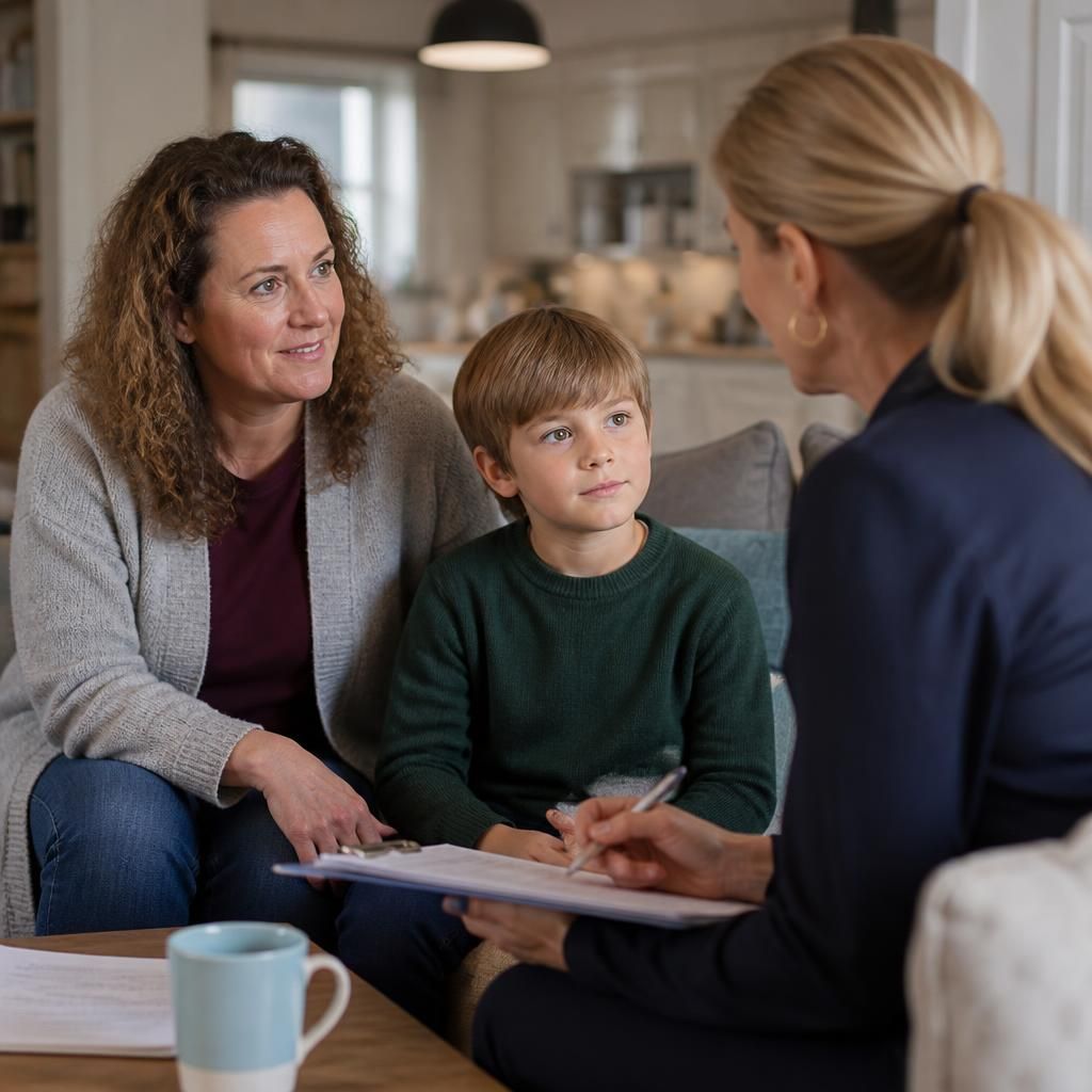 Relative and child meeting with a social worker at home