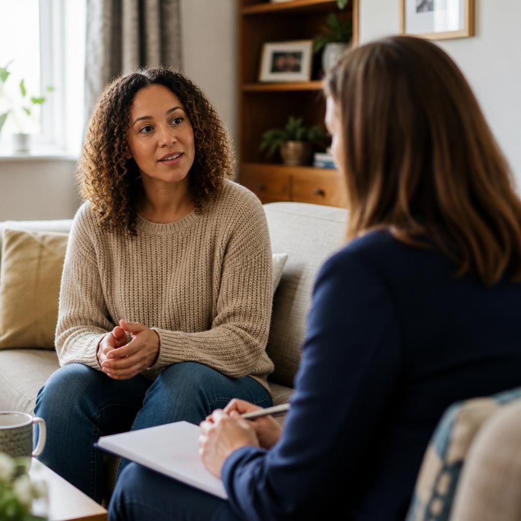 Foster carer speaking with a support worker during a home visit