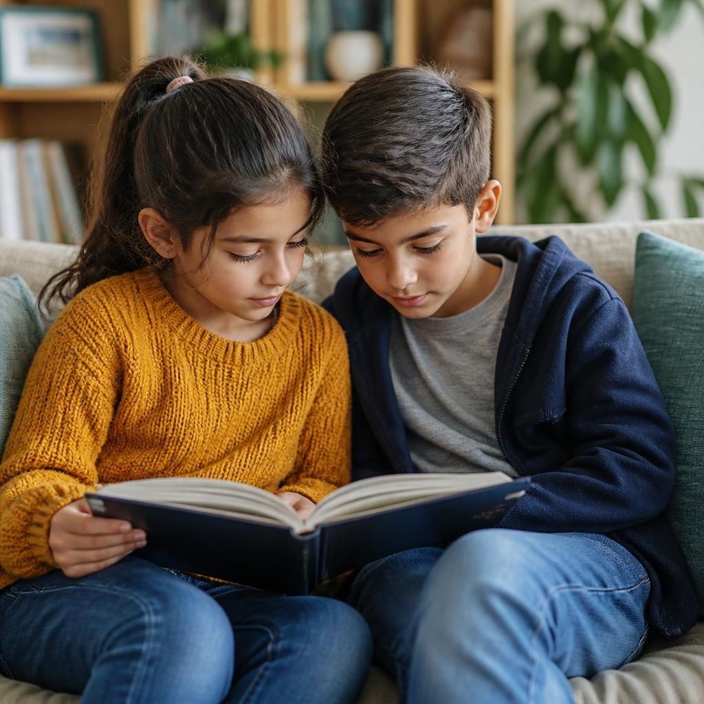 Two siblings sitting together and reading in a welcoming living room