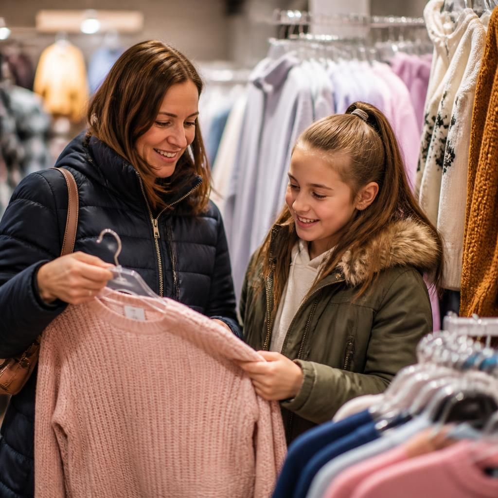 Foster carer and child choosing suitable clothing in a shop