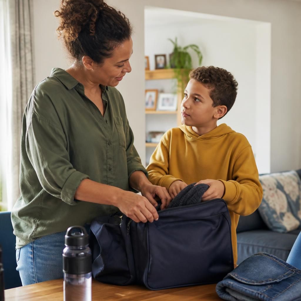 Foster carer and child preparing a bag for a family visit