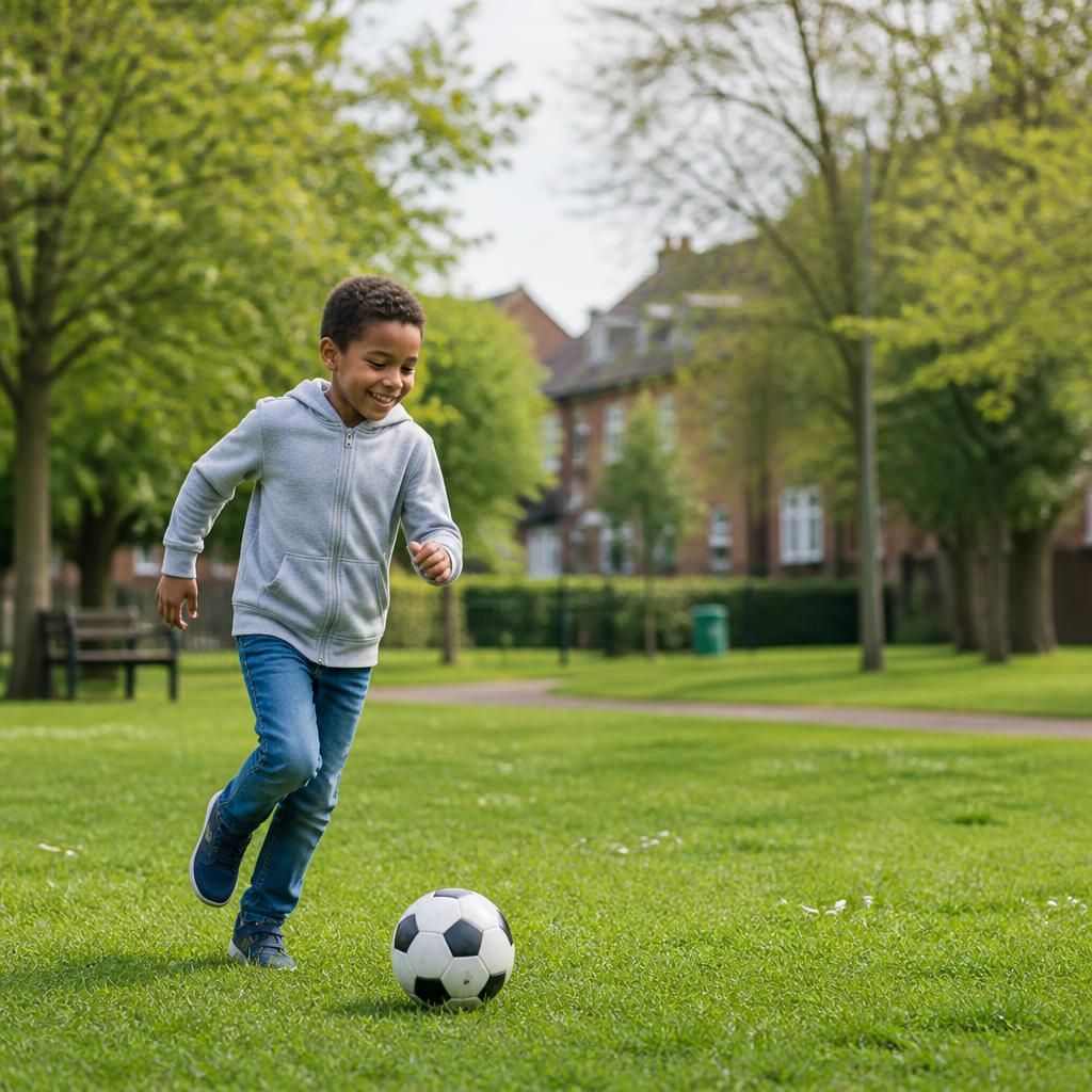 Child playing in a local park near a residential area