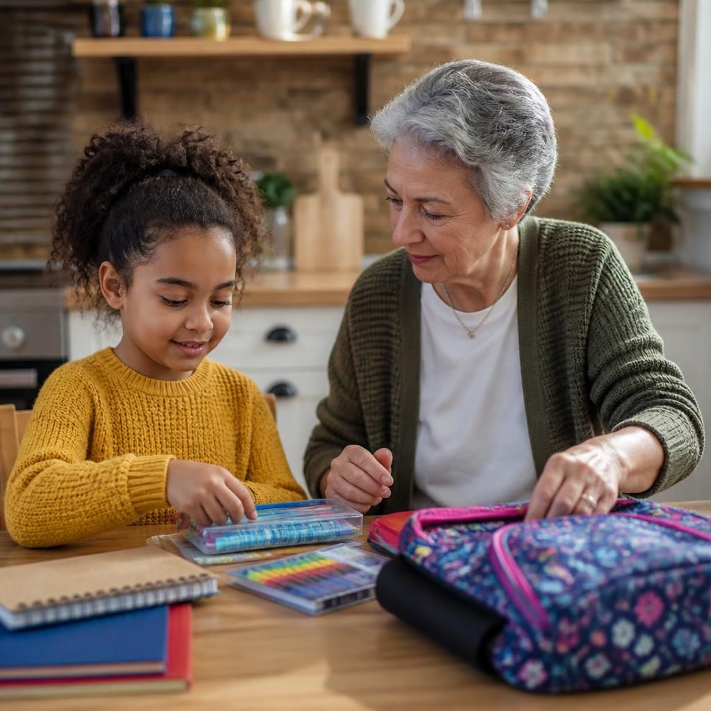 Grandparent and child sorting school supplies at a kitchen table